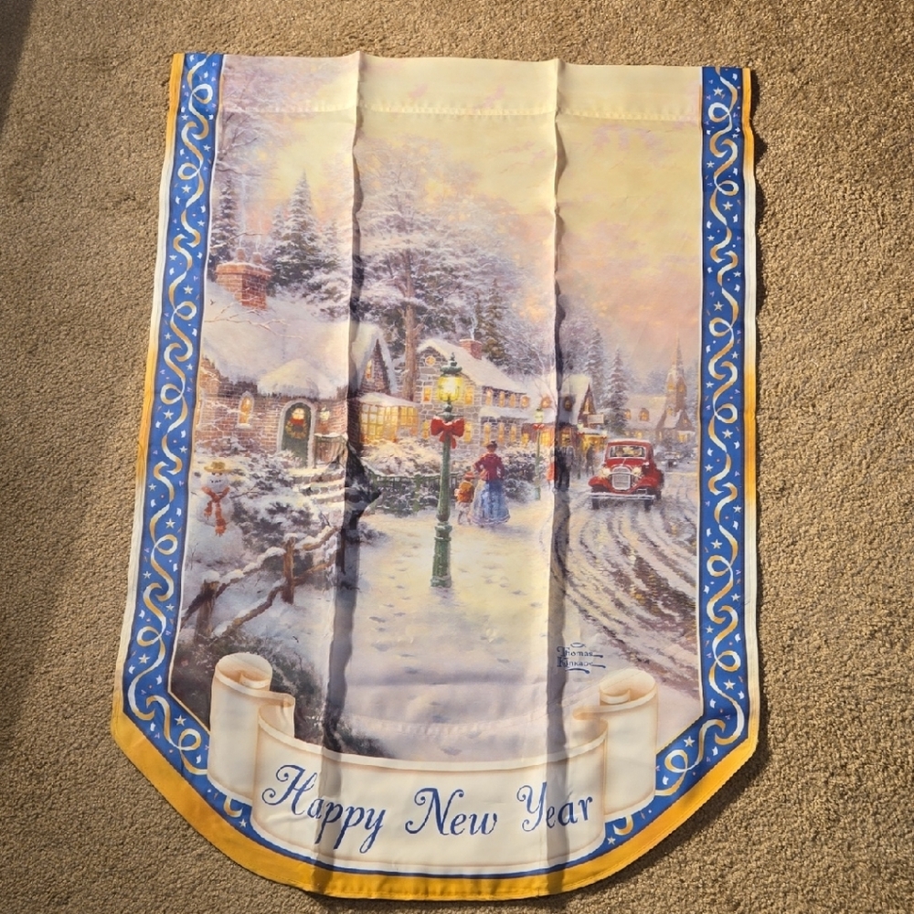 Thomas Kinkade "Happy New Year" Winter Scene Tapestry with Blue and Gold Accents